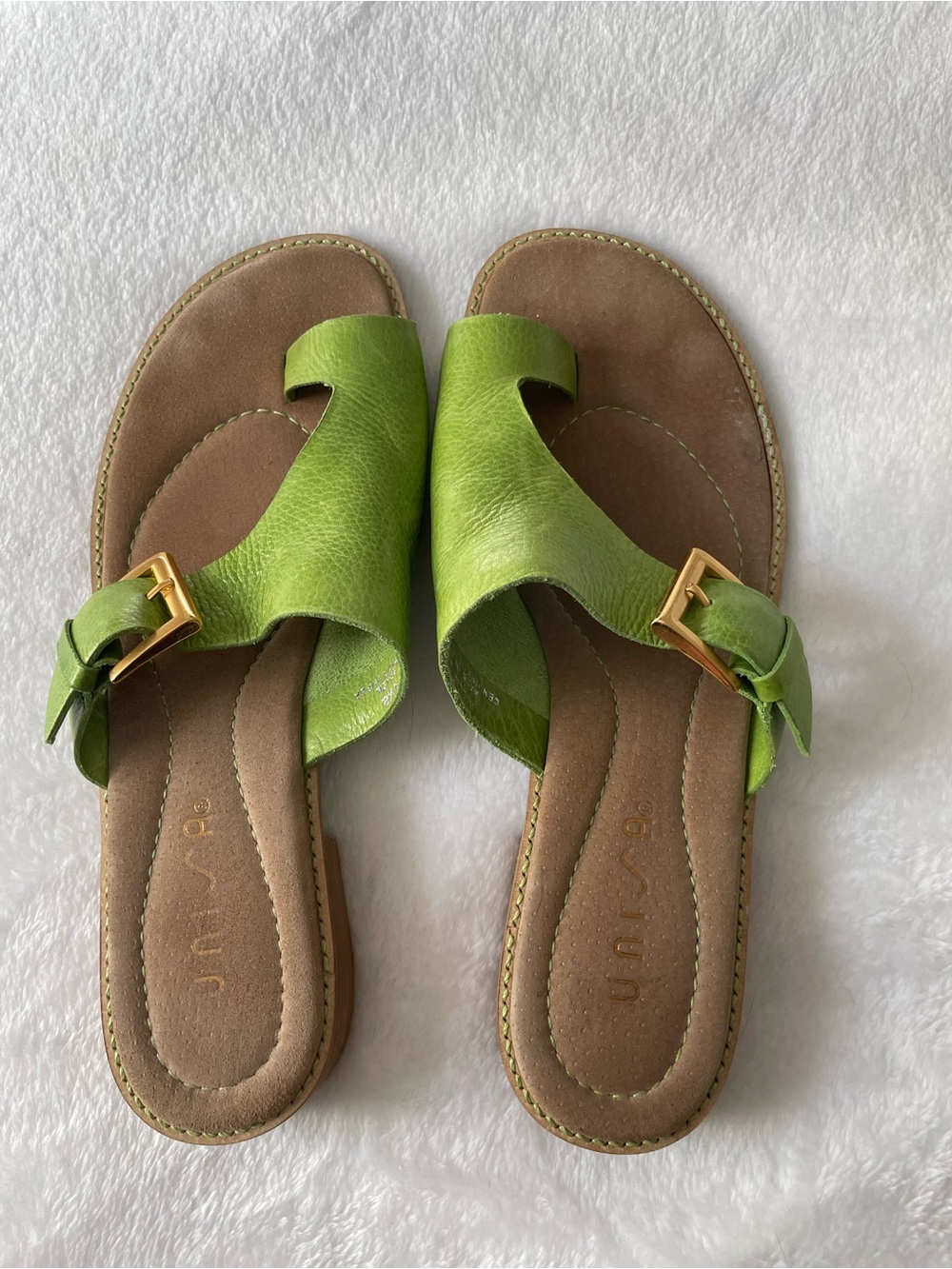 Unisa Lime Green Leather Slide Sandals with Gold Buckle